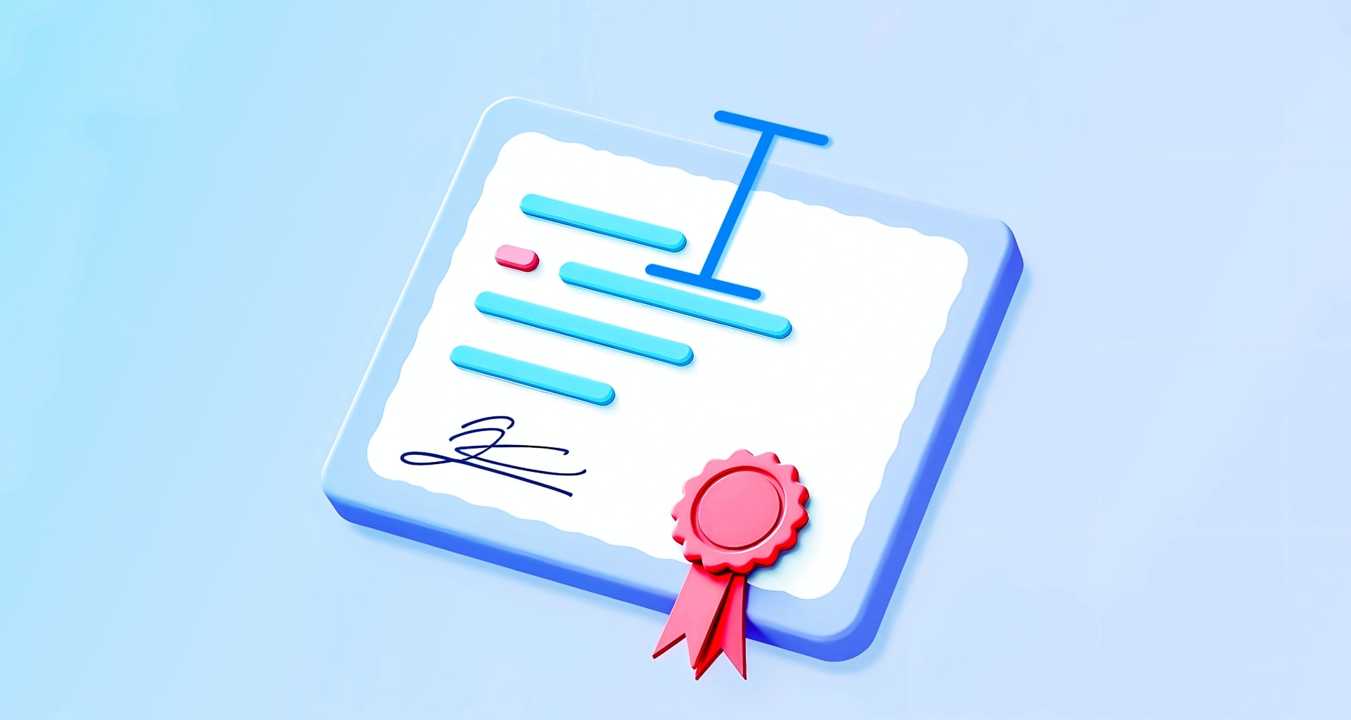 3D certificate with signature line and red seal, symbolizing verified digital documents.