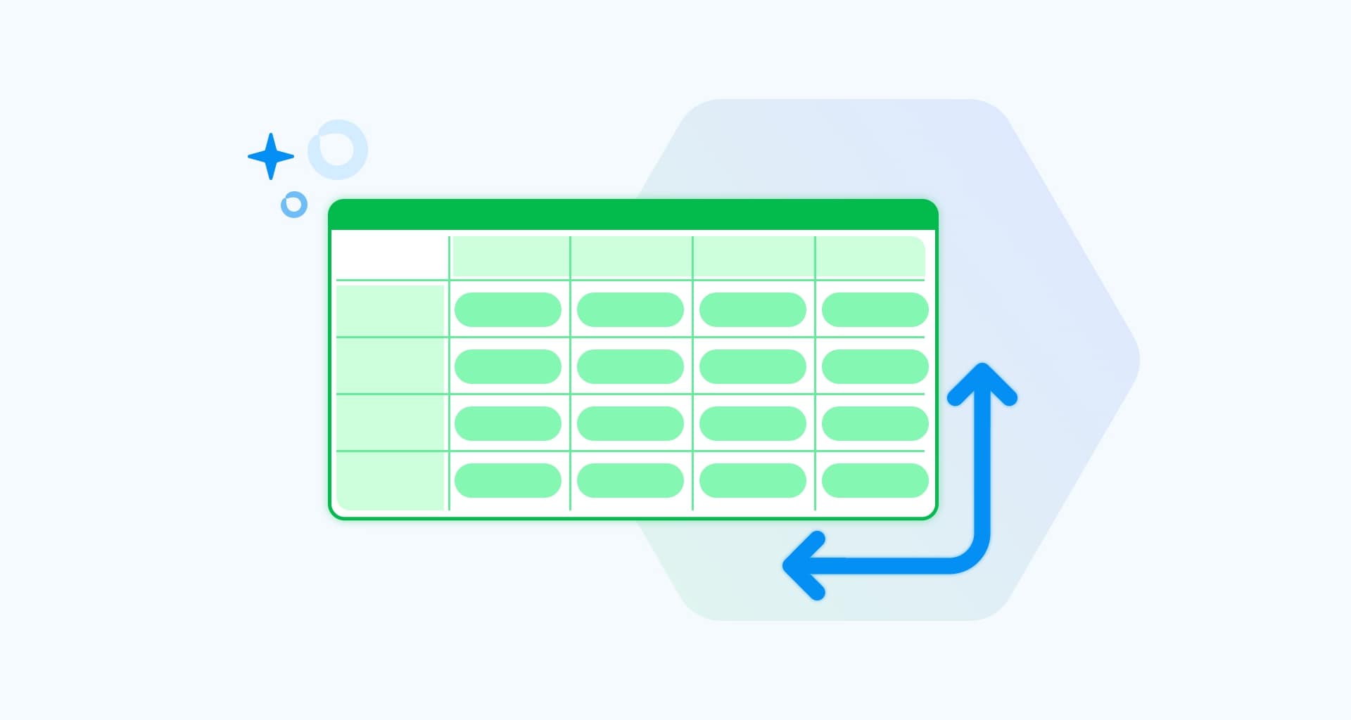 Green spreadsheet with a double arrow, representing efficient data management.