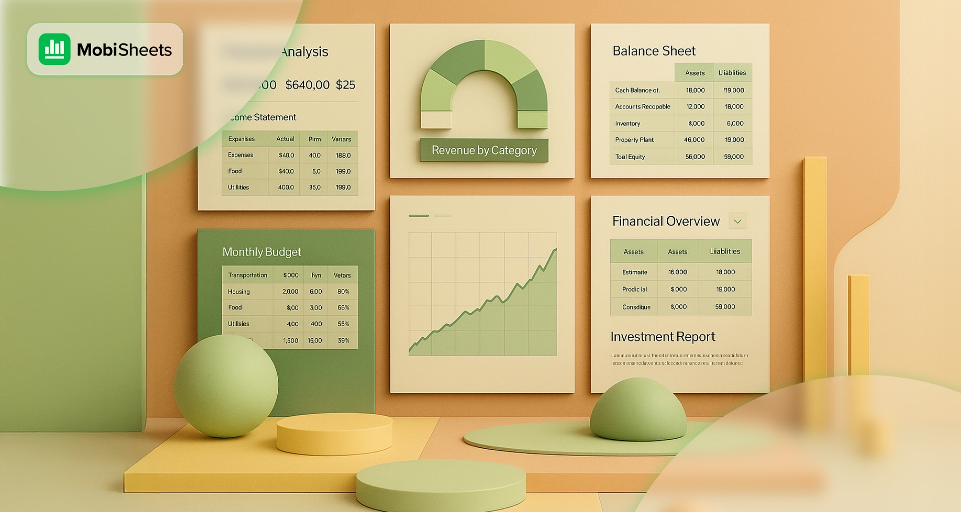 A MobiSheets branded image displaying various financial charts and tables, including an income statement, monthly budget, balance sheet, and revenue by category.