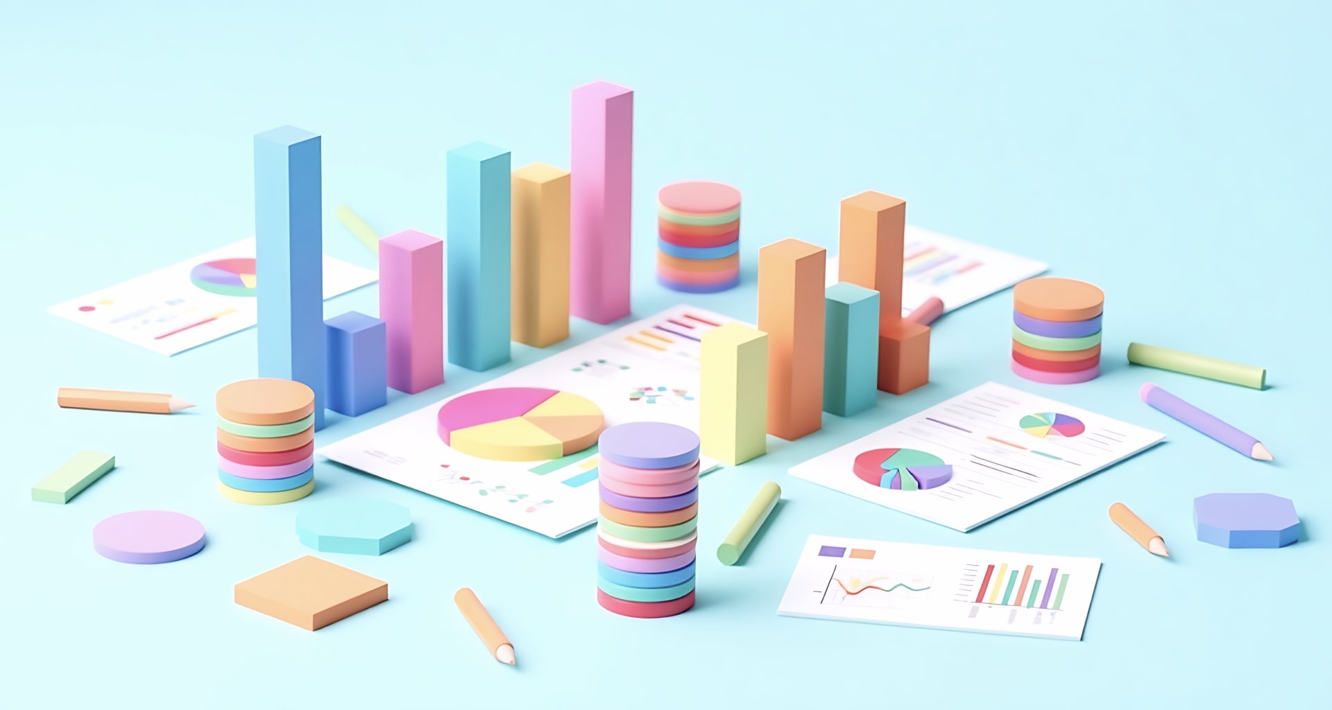 3D visualization of colorful data analytics elements including bar graphs, pie charts, stacked coins and infographic papers on light blue background.