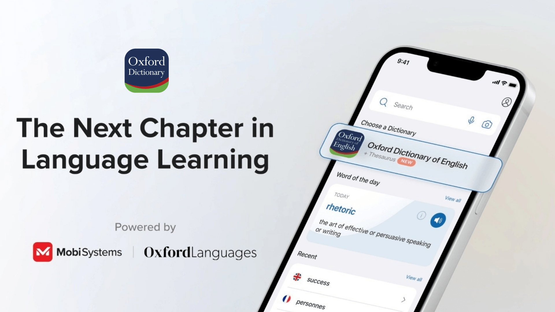 Oxford Dictionary of English app icon beside a smartphone displaying the dictionary interface on a blue and pink background.