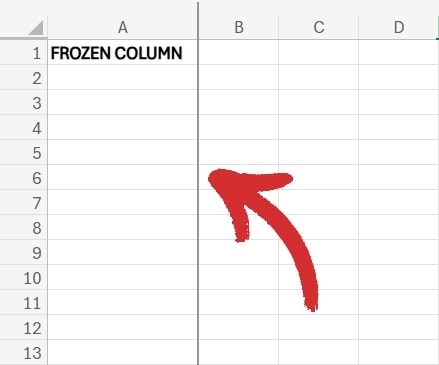 Excel spreadsheet showing a frozen first column labeled "FROZEN COLUMN", indicated by a red arrow.