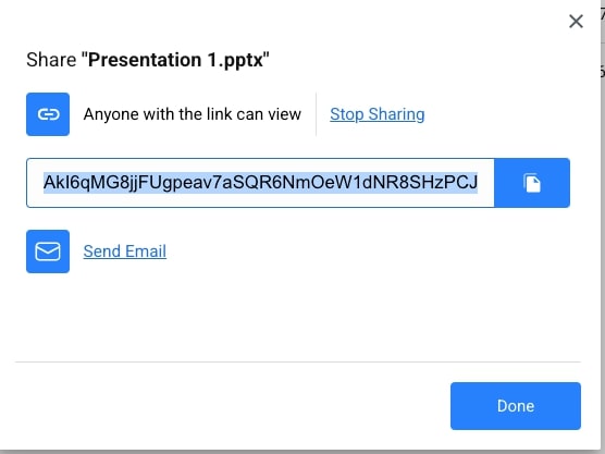 A sharing dialog for "Presentation 1.pptx" is open in MobiDrive. A generated shareable link is visible, with options to stop sharing or send the file via email.