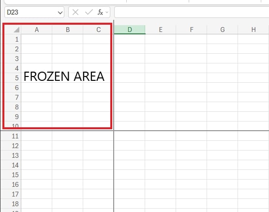Excel spreadsheet displaying a frozen area of cells (rows and columns) in the top-left, outlined in red and labeled "FROZEN AREA".