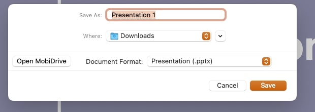 The file-saving dialog box in MobiSlides is zoomed in, showing "Presentation 1" as the file name and ".PPTX" as the selected format.