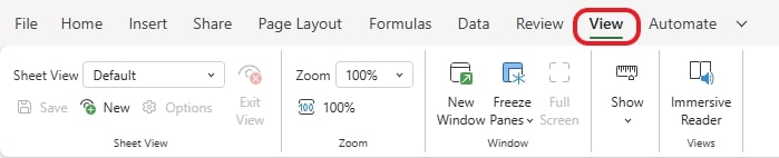Excel ribbon with the 'View' tab highlighted.