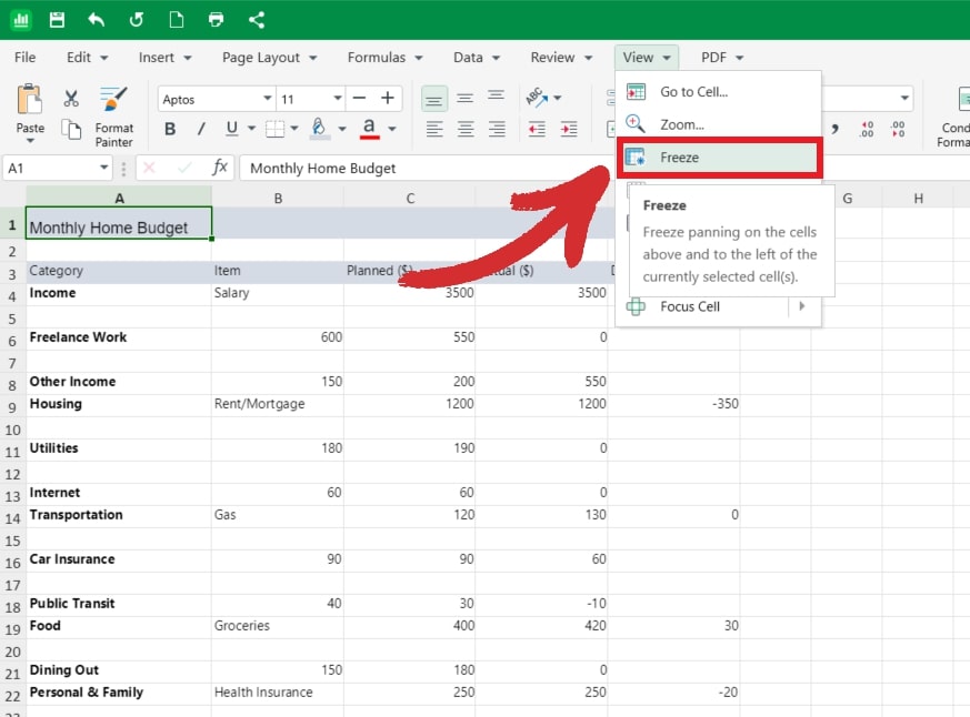 MobiSheets 'View' tab with the 'Freeze' button highlighted.
